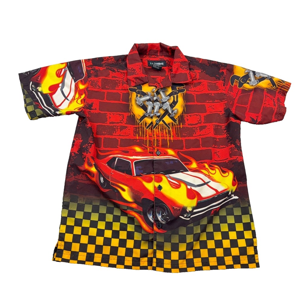 Vintage Y2K No Boundaries Shirt Boys XL Red Button Up Race Car Fire Flames Brick